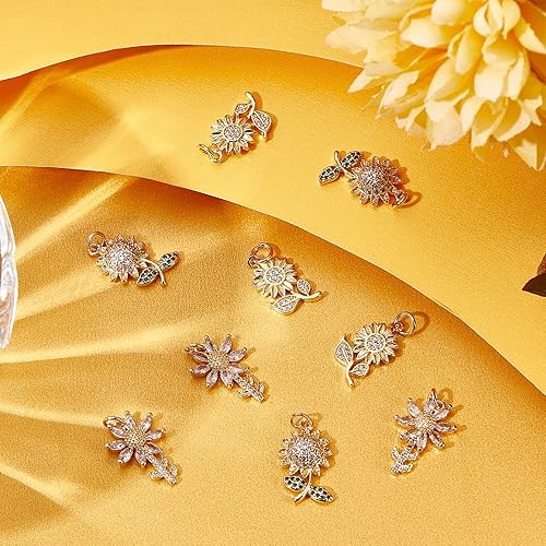 Miniatura 4 de Beebeecraft 12 unidadescaja de 3 estilos de circonitas cúbicas de girasol, chapado en oro de 18 quilates, dijes de flores de latón con anillo de