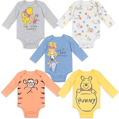 Disney Winnie the Pooh Baby Boy or Girl 5-Pack Graphic and Printed Long Sleeve C