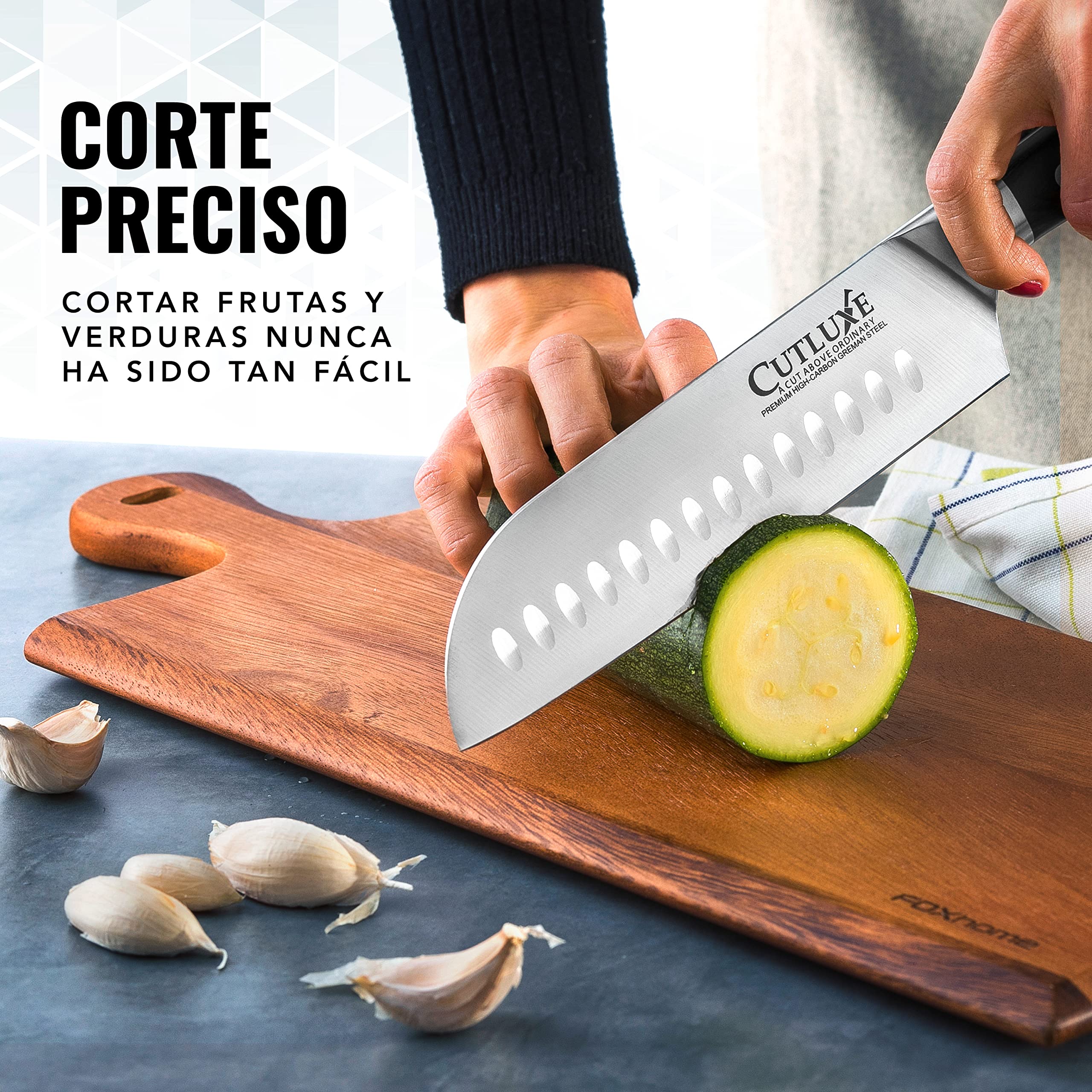 Cutluxe Cuchillo Santoku – 18 cm Cuchillo Profesional de Chef Con Funda– Acero Alemán con Alto Contenido de Carbono – Cuchilla Afilada y Espiga Completa – Diseño de Mango Ergonómico – Serie Artesano