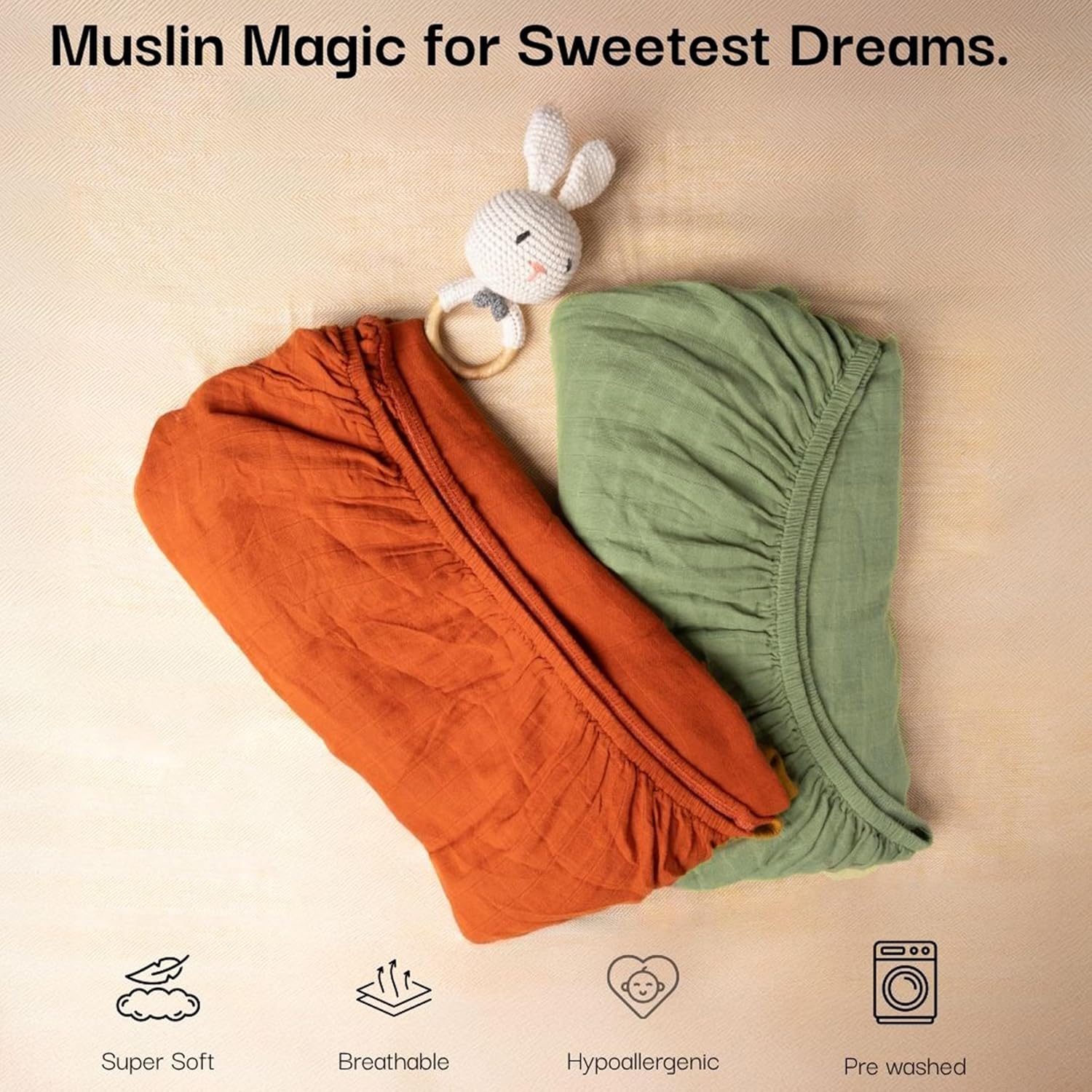 Salt Earth 100% Organic Cotton Muslin Standard Fitted Crib Sheet for Boys, Girls & Toddlers – 52"x28", 2 Pack Soft Breathable Natural Cotton Mattress Bed Sheets, Neutral Crib Sheet (Green & Rust)