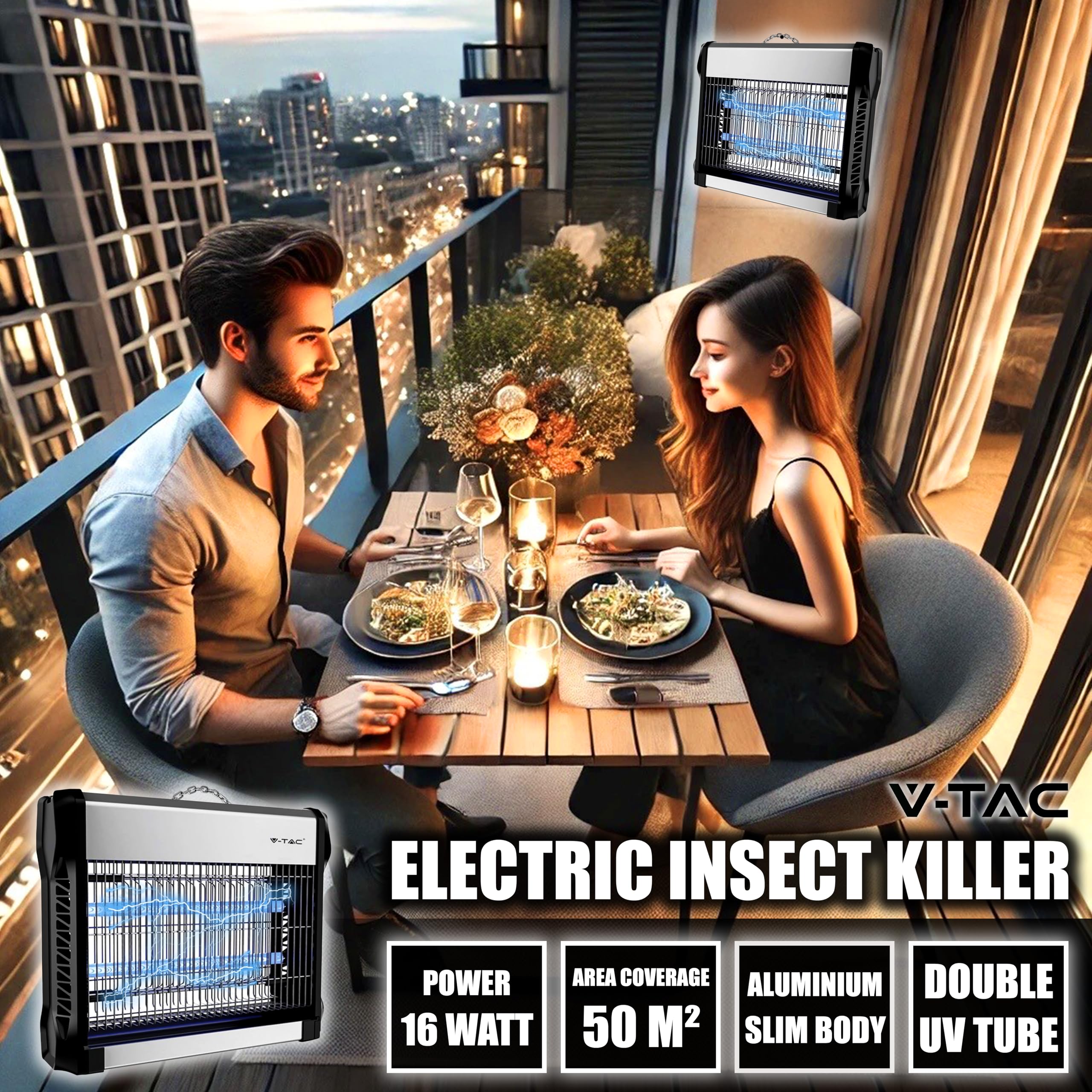 V-TAC Zanzariera Elettrica 16W con Area di Azione 50 m² - Design Sottile - Zanzariera con Luce Blu UV per Uso Interno ed Esterno - Trappola Elettrica contro Zanzare e Insetti - Potenza 16W