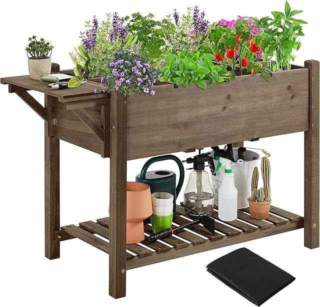 Yaheetech Raised Bed for Garden Wooden Raised Planter with Fabric Liner Raised Garden Bed Elevated Raised Planter Box with Grow Grids Trellis and Storage Bottom Shelf, 123.5 x 54 x 80cm