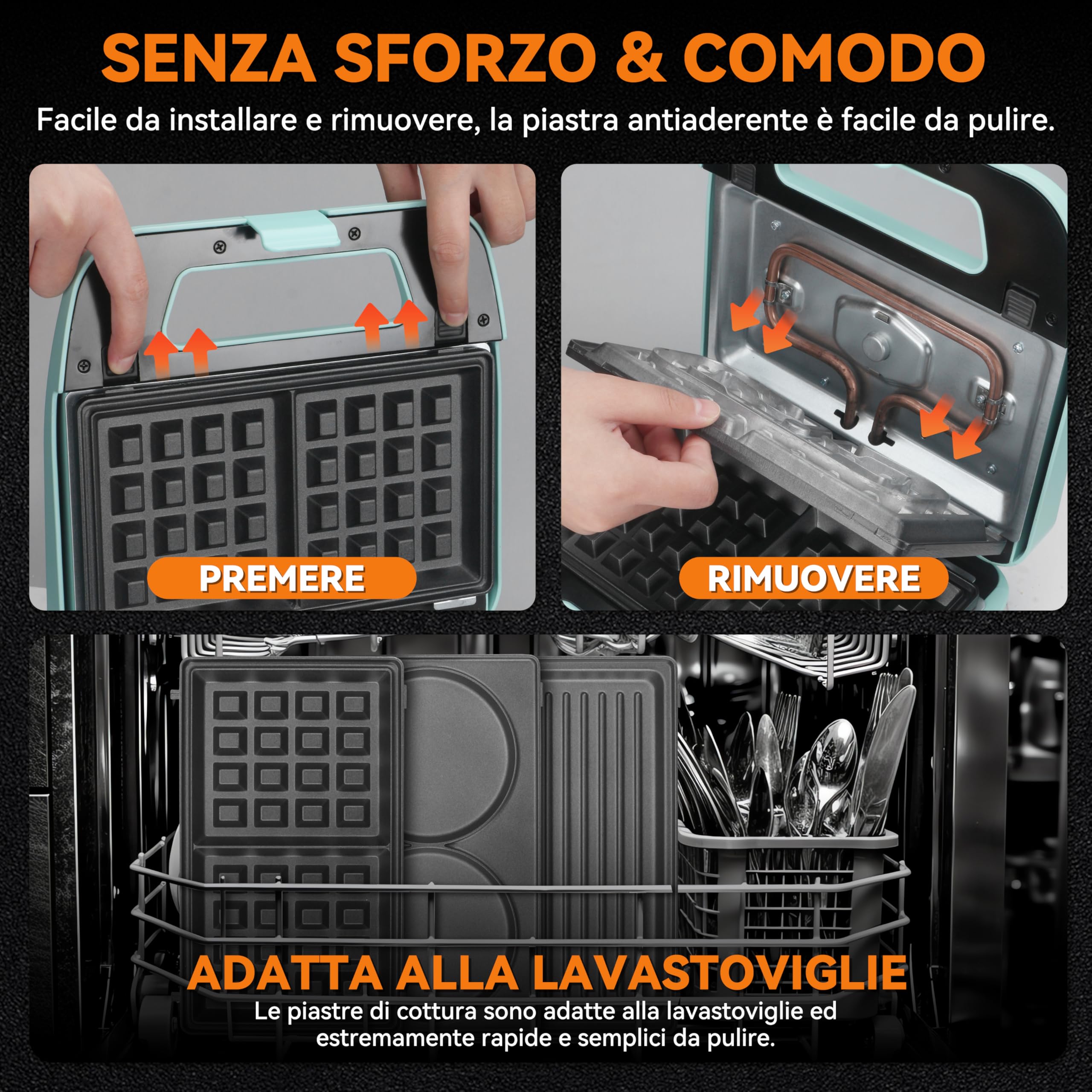 Baker's Friend Cialdaiera 3 in 1 con Piastre Rimovibili, Cialdaiera Quadrata con Piastre Rimovibili, Pressa per Pancake e Panini, Produttore di Formaggio Grigliato, Antiaderente, Acciaio Inossidabile,