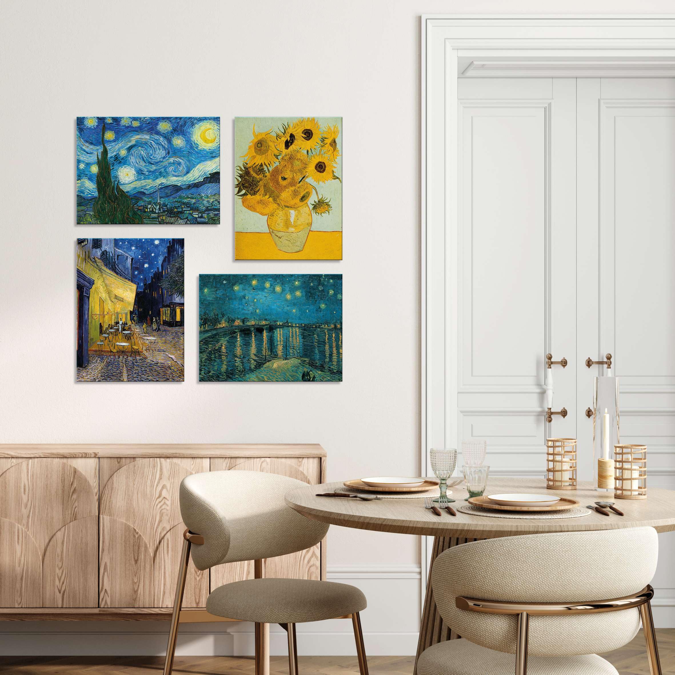 LuxHomeDecor Juego de 4 cuadros 40 x 30 cm – Impresión sobre lienzo con marco de madera – Vincent V. Gogh – Noche estrellada, girasoles, terraza del café, noche en el Ródano
