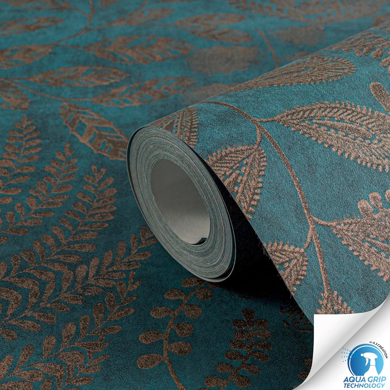 Livingwalls Wallpaper DESIGNDROP - precovered Non-Woven Wallpaper with Floral Pattern in Petrol, Gold, Beige - 10,05m x 0,53m - Wallpaper with Leaf Motifs - 784951