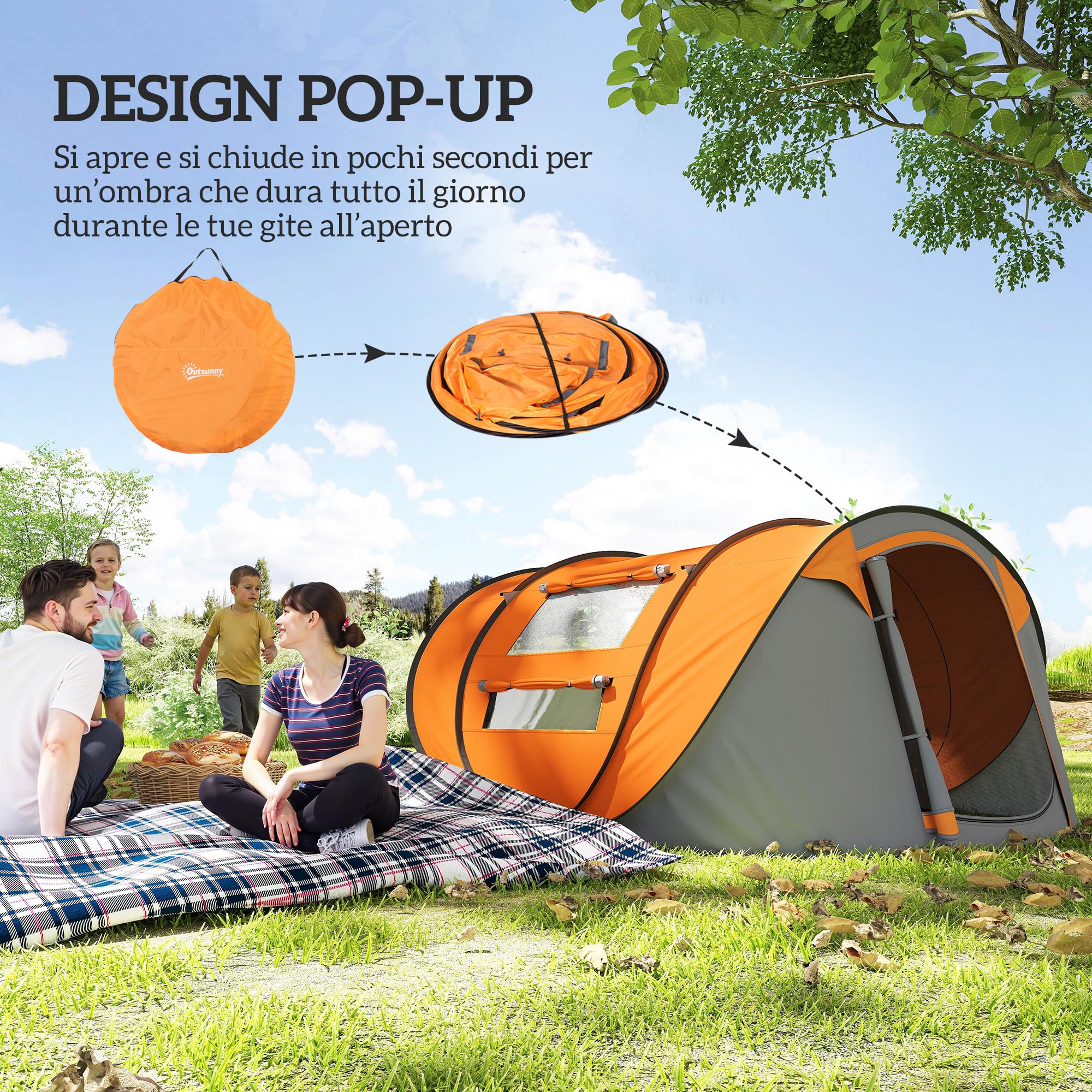 Outsunny Tenda da Campeggio Pop Up 4 Persone 2000mm Anti UV 20+ 263.5x220x123 cm Arancione