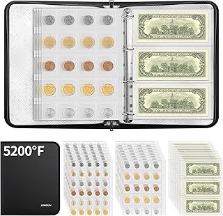 JUNDUN 5200℉ Coin Collection Book ,300 Pockets Fireproof Coin Albums for Collectors & 36 Sleeves Paper Money Binder Holder with Aluminum Foil Lining for Coin, Currency,Bill,Quarter and Stamp