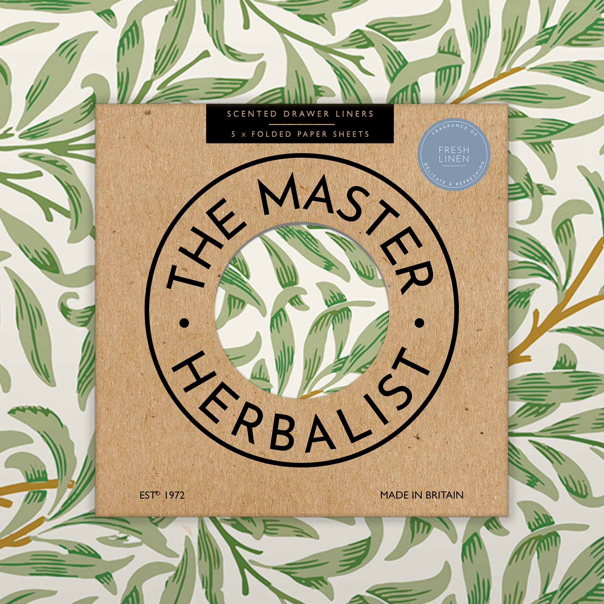 The Master Herbalist Fragrant Scented Drawer Liners in a William Morris Inspired Design | Pack of 5 Sheets | Contains Essential Oils | Made in The UK (Fresh Linen)