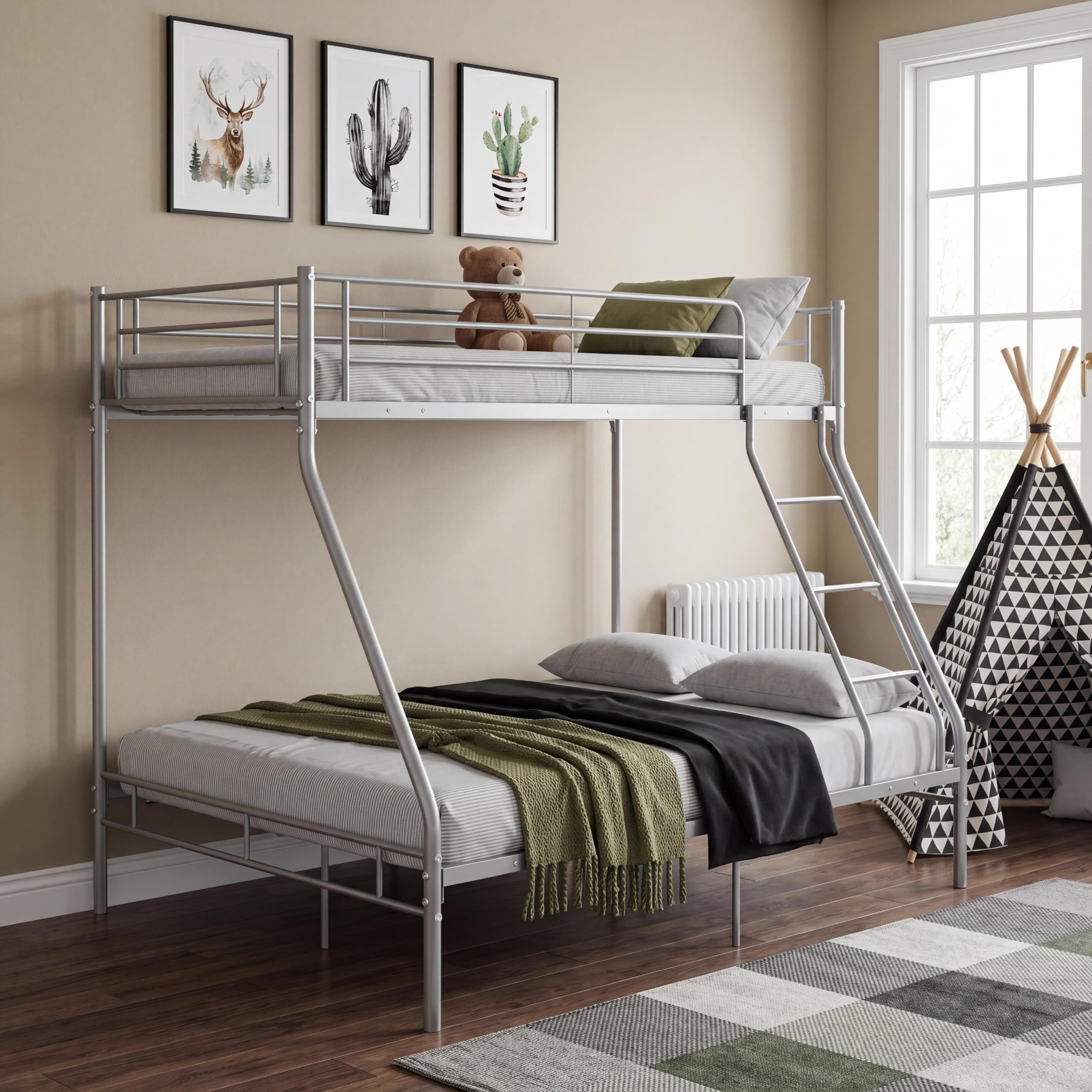 Panana Metal Bunk Bed, Triple Sleeper Bed Frame With 3FT Single Top & 4FT6 Double base bed Children's Bedroom Furniture Bed Sets - No Mattress Included (Silver)