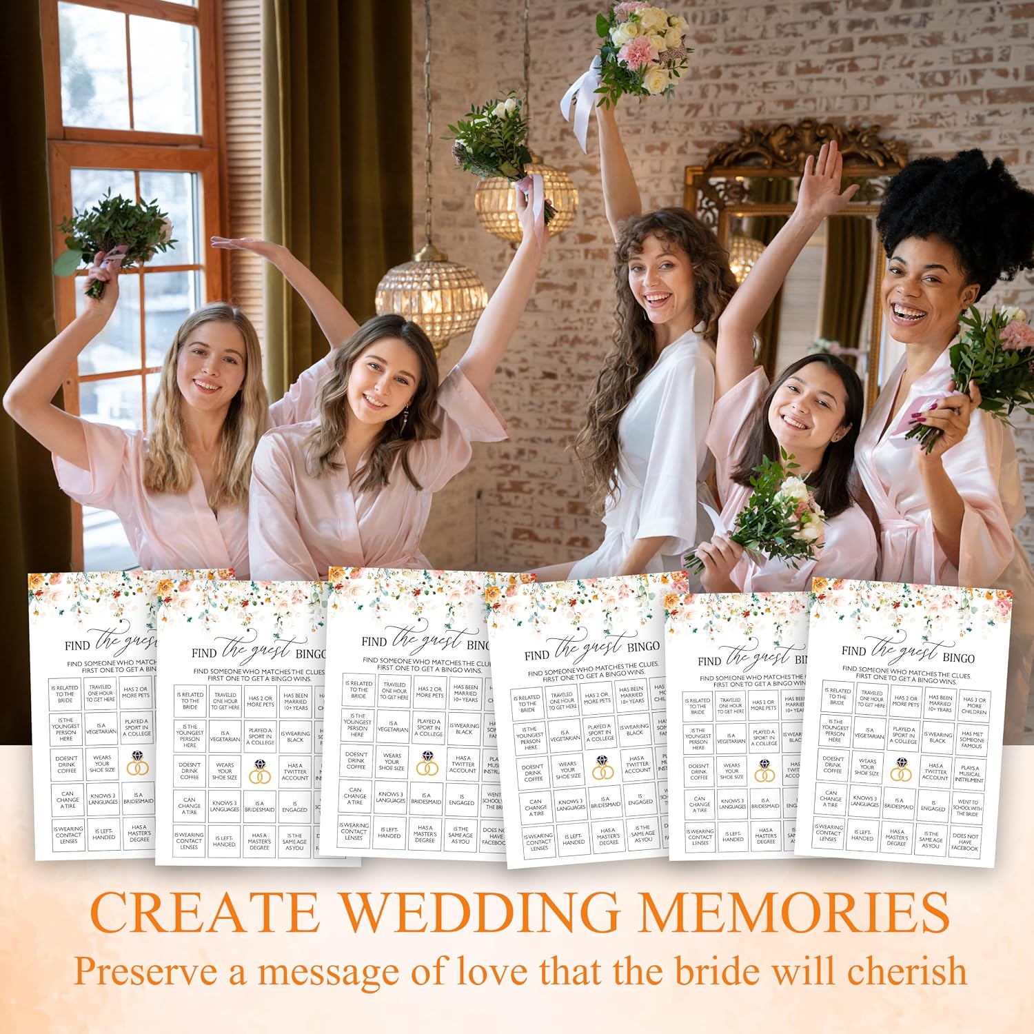 Bridal Shower Bingo Games, Find The Guest Bingo, Spring Floral Bridal Shower Party Game Cards For Wedding Engagement Bachelorette, Fall Bridal Shower Decor Favors Supplies, 25 Game Cards Included -09