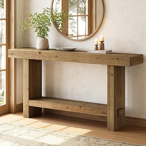 Mesa consola de madera maciza de 63 pulgadas, mesa de entrada estrecha de 2 niveles para pasillo, entrada, sala de estar, detrás del sofá, color