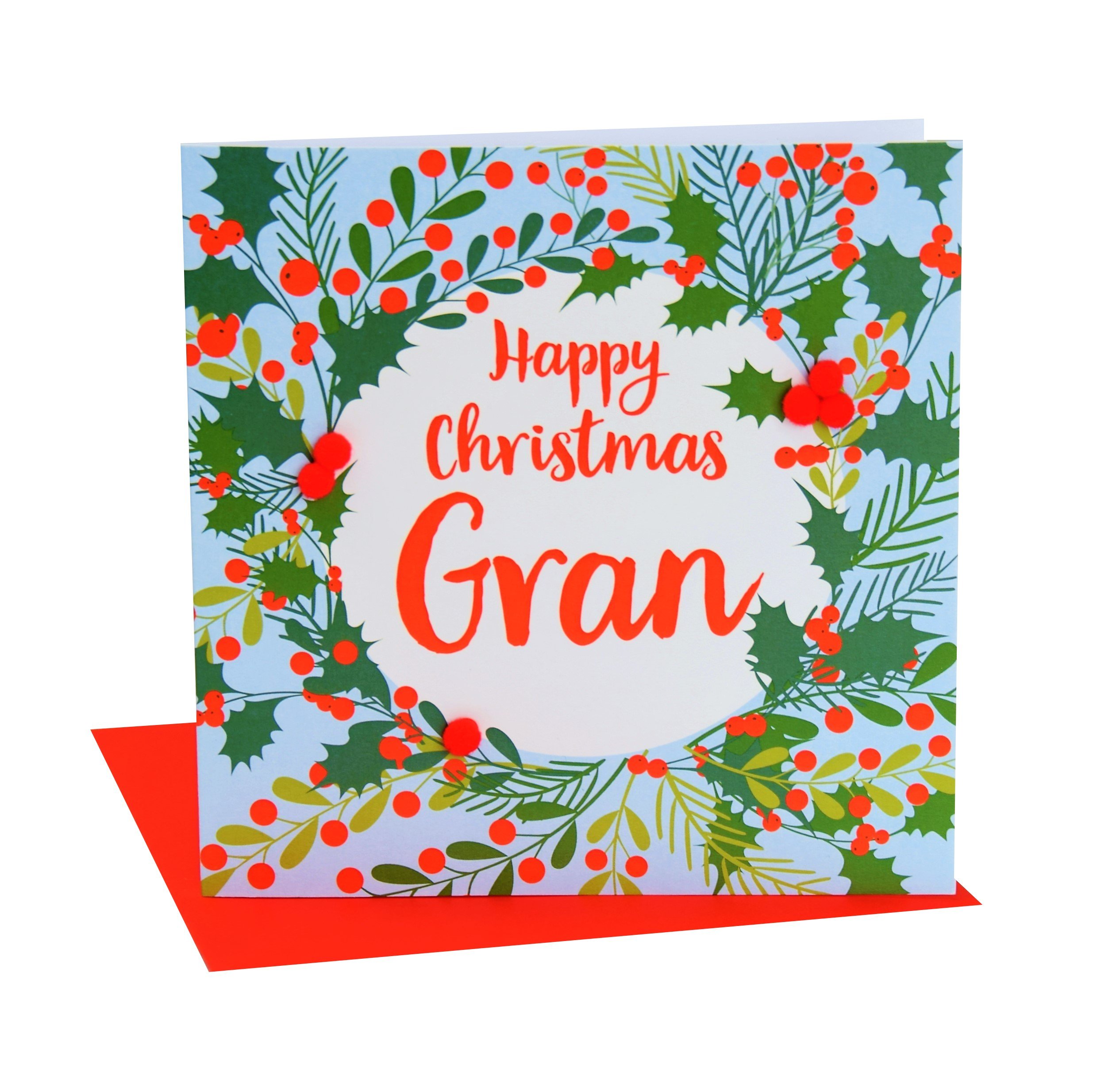 Claire Giles Greeting Cards, Happy Christmas Gran Card, Holly and berry wreath design xmas Greeting Card, Embellished with Colourful Pompoms