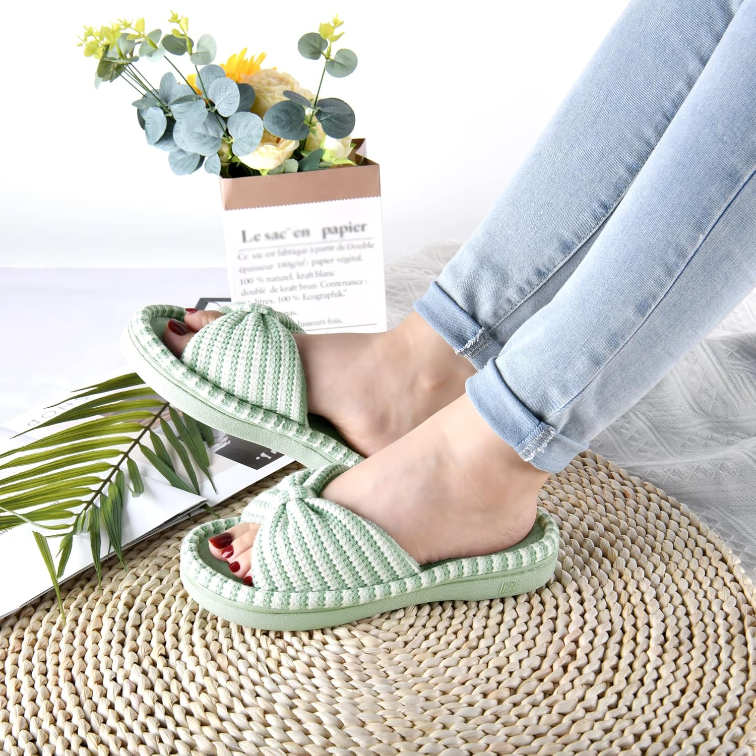 DL Women's Memory Foam Open Toe Slide Slippers with Cute Bow and Cozy Terry Lining, Slip-on House Shoes Spa Mules Sandals with Indoor Outdoor Rubber Sole - Image 7