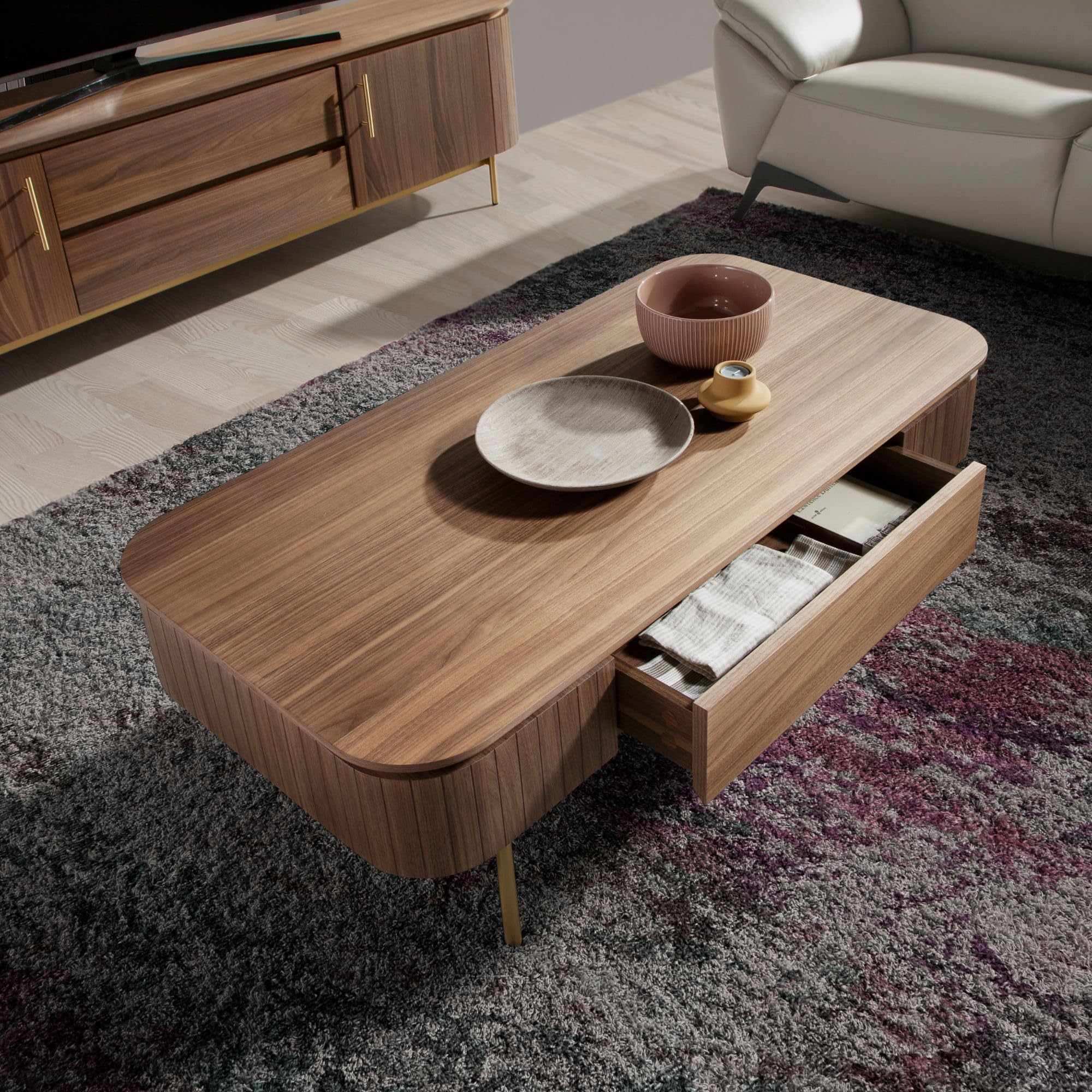 Ángel Cerdá - Tavolino Rettangolare in Noce e Acciaio Dorato con Cassetto Centrale - Tavolino Moderno ed Elegante - Originale e Versatile - Materiali Resistenti - 120 x 60 x 37 cm