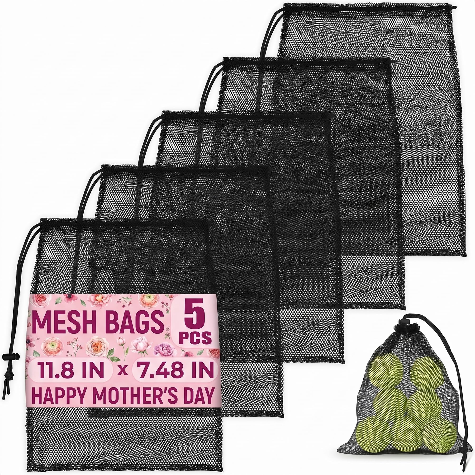 Mesh Backpack Drawstring Black 5Pcs 11,8x7,48'' – Strong, Lightweight, Breathable Mesh Bag with Lock, Quick-Dry and Tear-Resistant – Easy to Tighten and Adjust for Travel, Swimming & Ball Storage