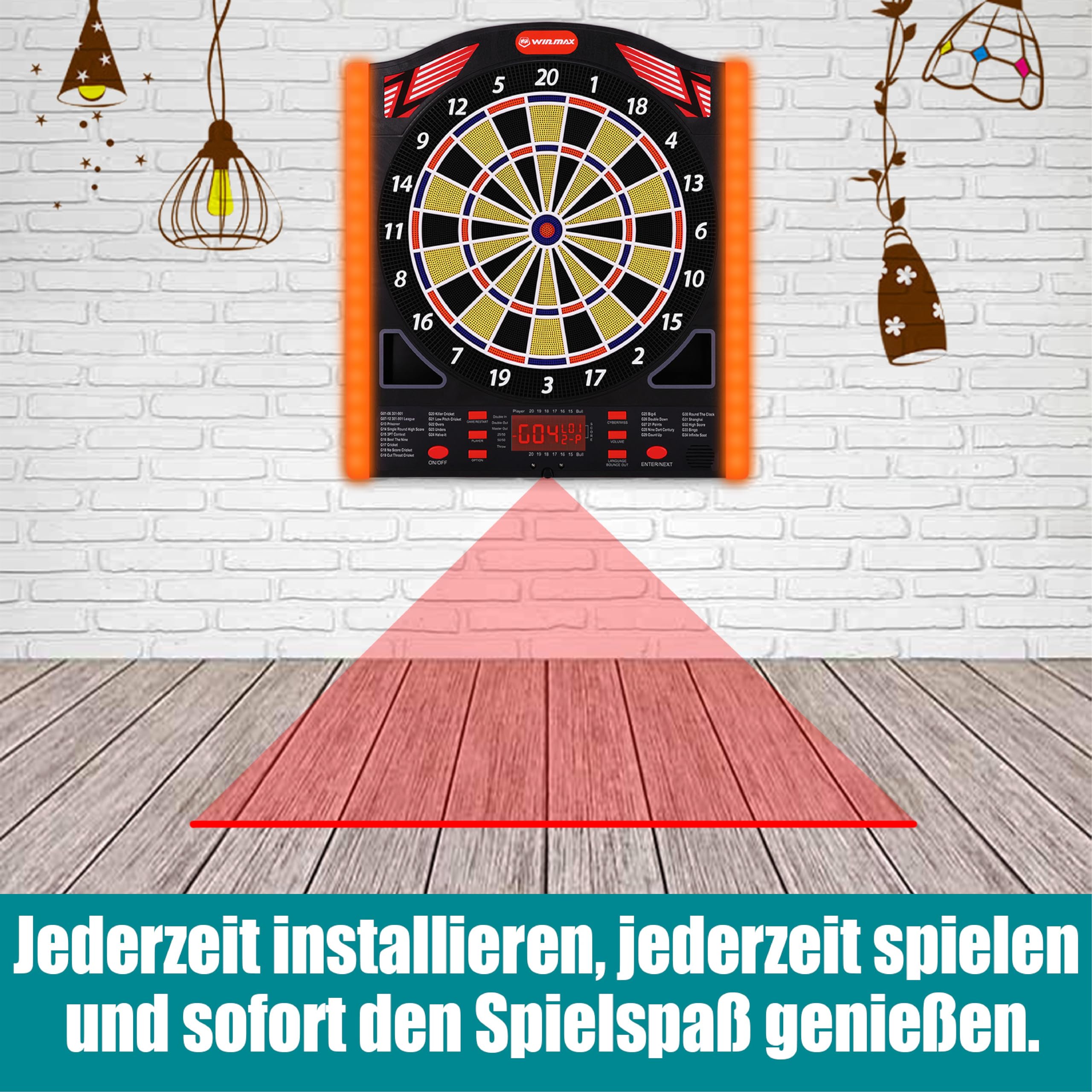 WIN.MAX Elektronische Dartscheibe Profi Set mit Laser Throw/Toe Line Marker mit Deutsche Stimme-Geeignet für Batterien/Adapter für 1 bis 8 Spieler mit 12 Darts