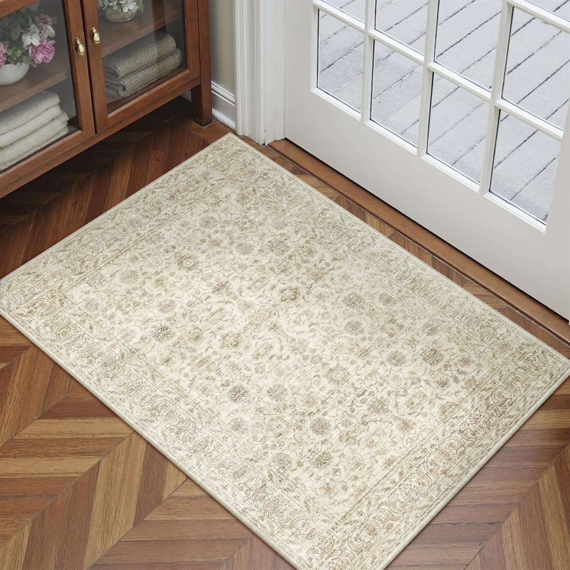 PureCozy Vintage Beżowy Dywany Wejściowy 60x90cm Antypoślizgowy Zmywalne Dywaniki Pokoju Dziecięcego Mały Rugs Sypialni Jadalnia Pralni Lazienkowy Krótkim Włosiem Rug