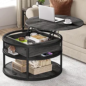 DWVO Round Coffee Tables for Living Room, Lift Top Coffee Table with Storage, Farmhouse Wood Coffee Table, Circle Small Coffee Tables Living Room for Home Decir Office, Grey