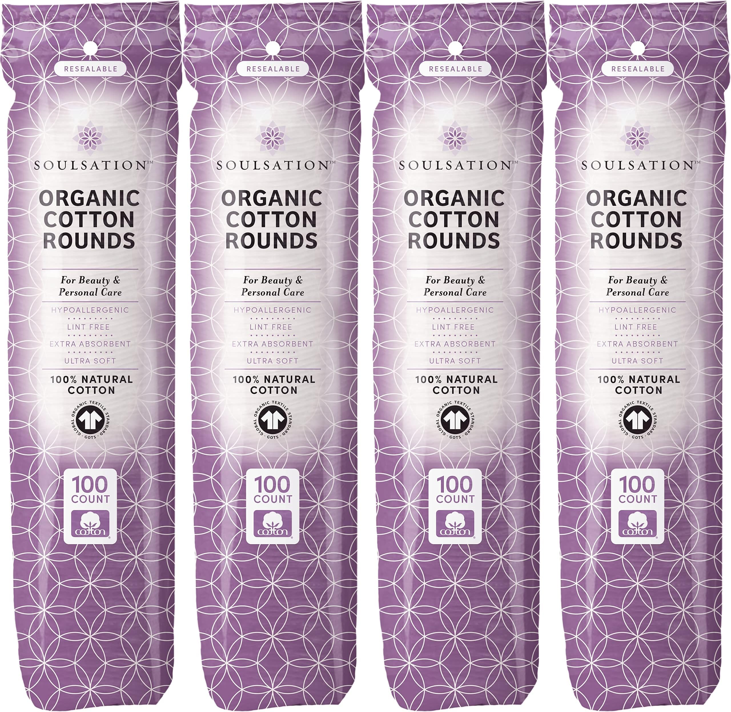 SoulSation Organic Cotton Rounds, 400 Count - Makeup Remover Pads for Face, Lint-Free