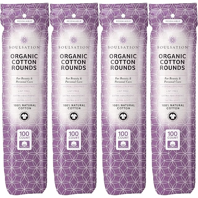SoulSation Organic Cotton Rounds 400 Count - Makeup Remover Pads for Face Lint-Free