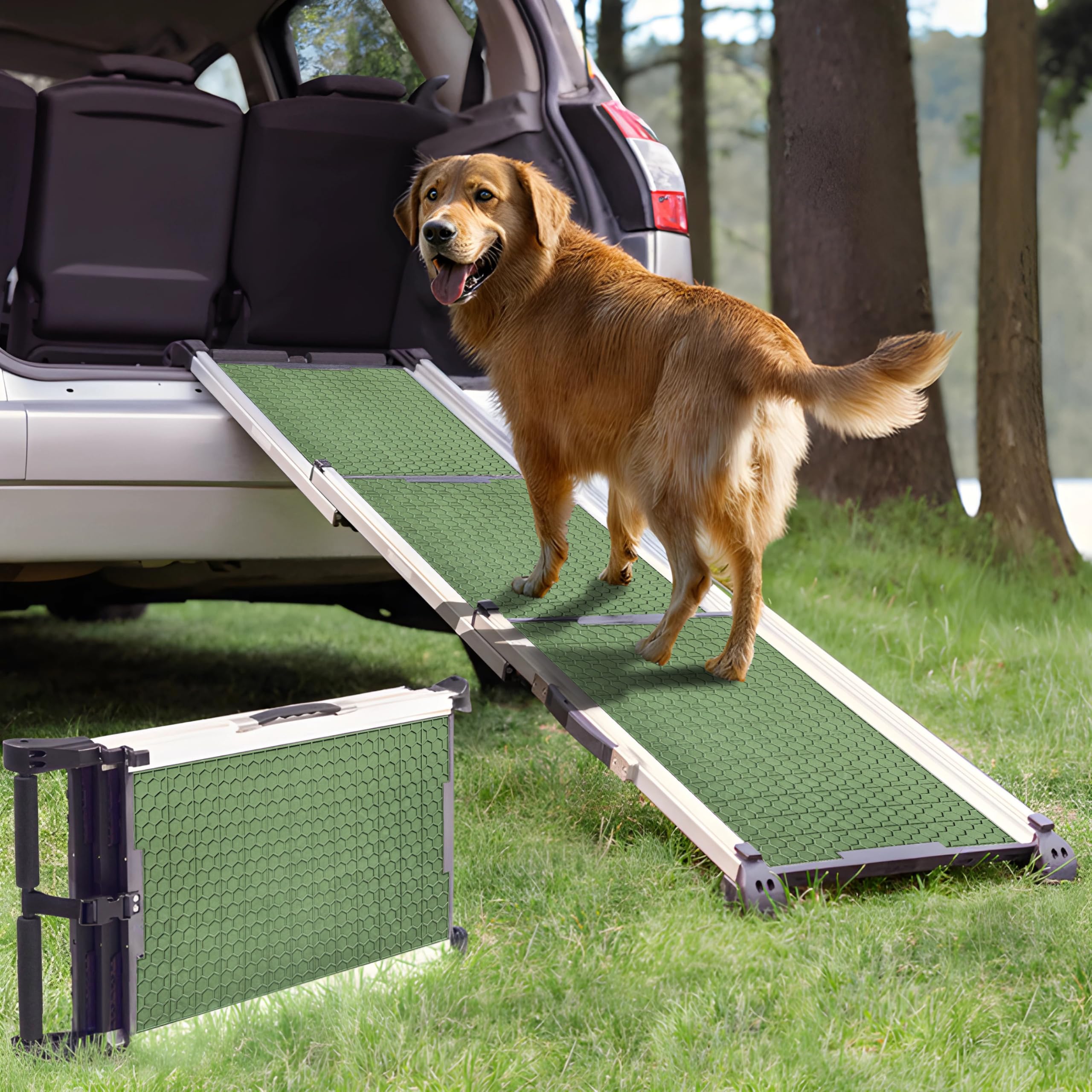 Hunderampe Auto Klappbar - Stabile und rutschfeste Hundeleiter Auto & SUV bis zu 90kg Belastbar - Teleskop Alu Rampe für große Hunde - Reflektierende Seiten - Hundetreppe - Befestigungsclip - Grün