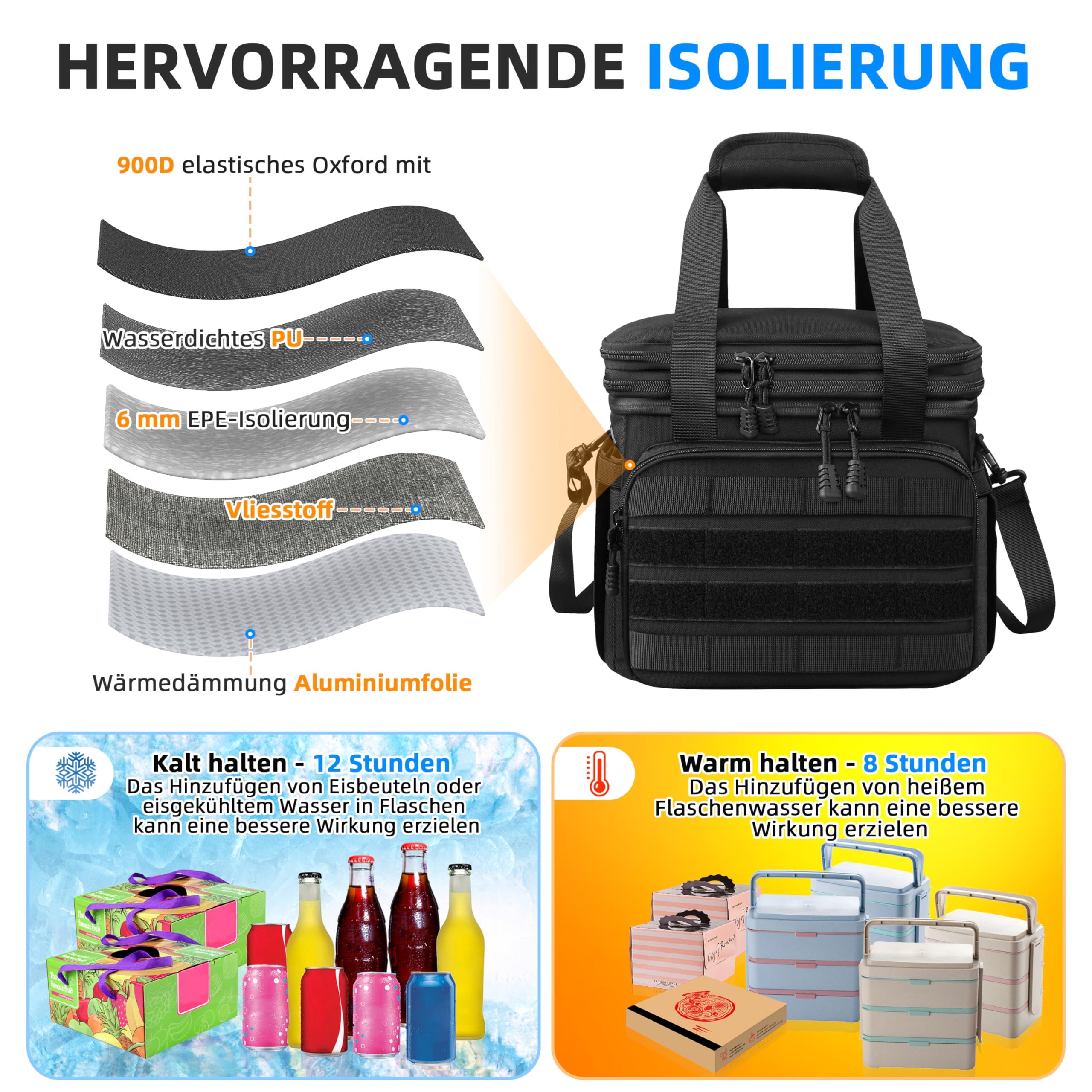 Kühltasche Faltbar Lunch Tasche Weich kühlbox für Herren Baustelle, Gross 15l 18l Erweiterbar 2-Decks 5-lagige Starke Isolierung Wasserdicht Auslaufsicher Lunch Bag, Groß, Taktisch, Schwarz