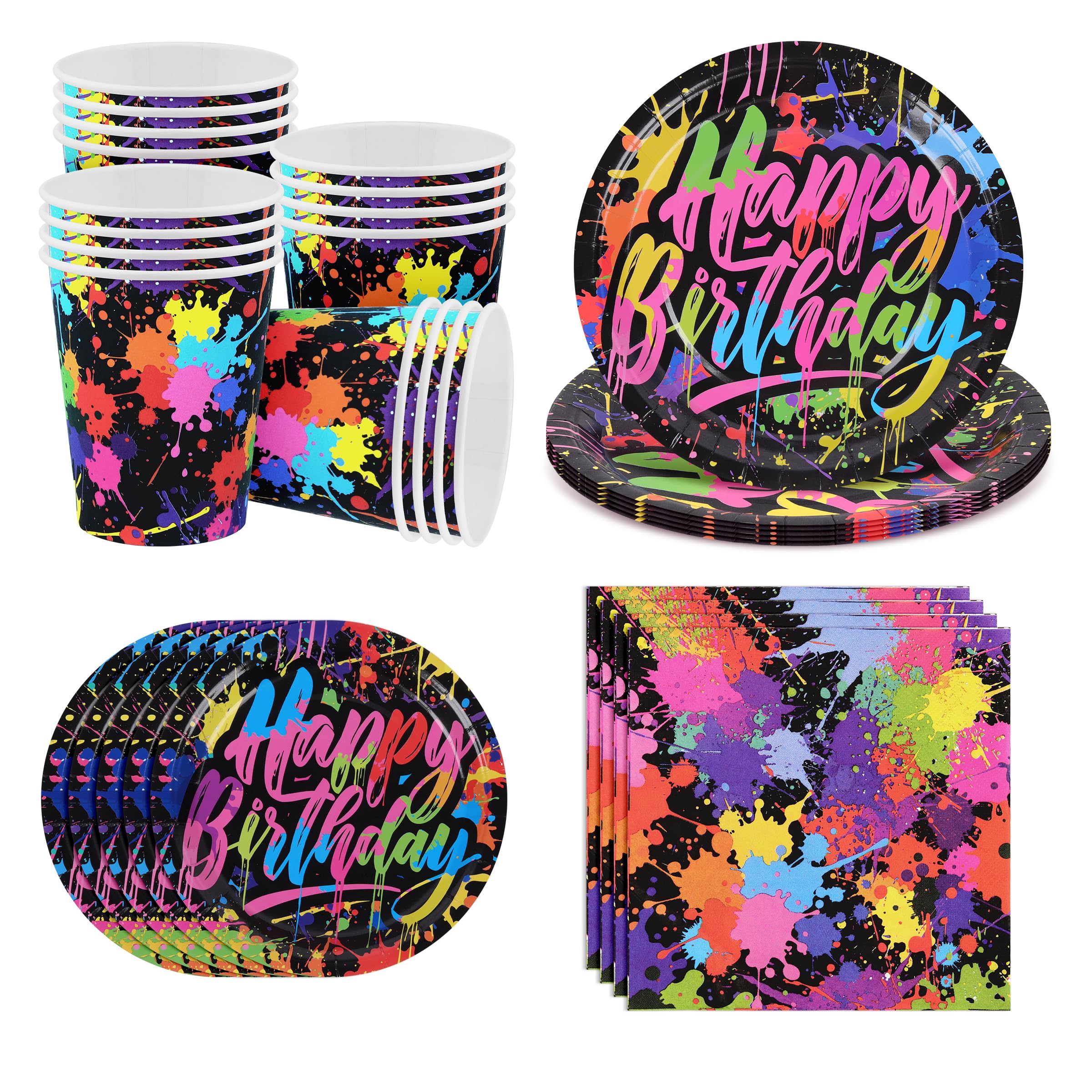 Pomodee 96Pcs Graffiti Party Set – 24 Guests,9"/7" Plates,Cups & Napkins