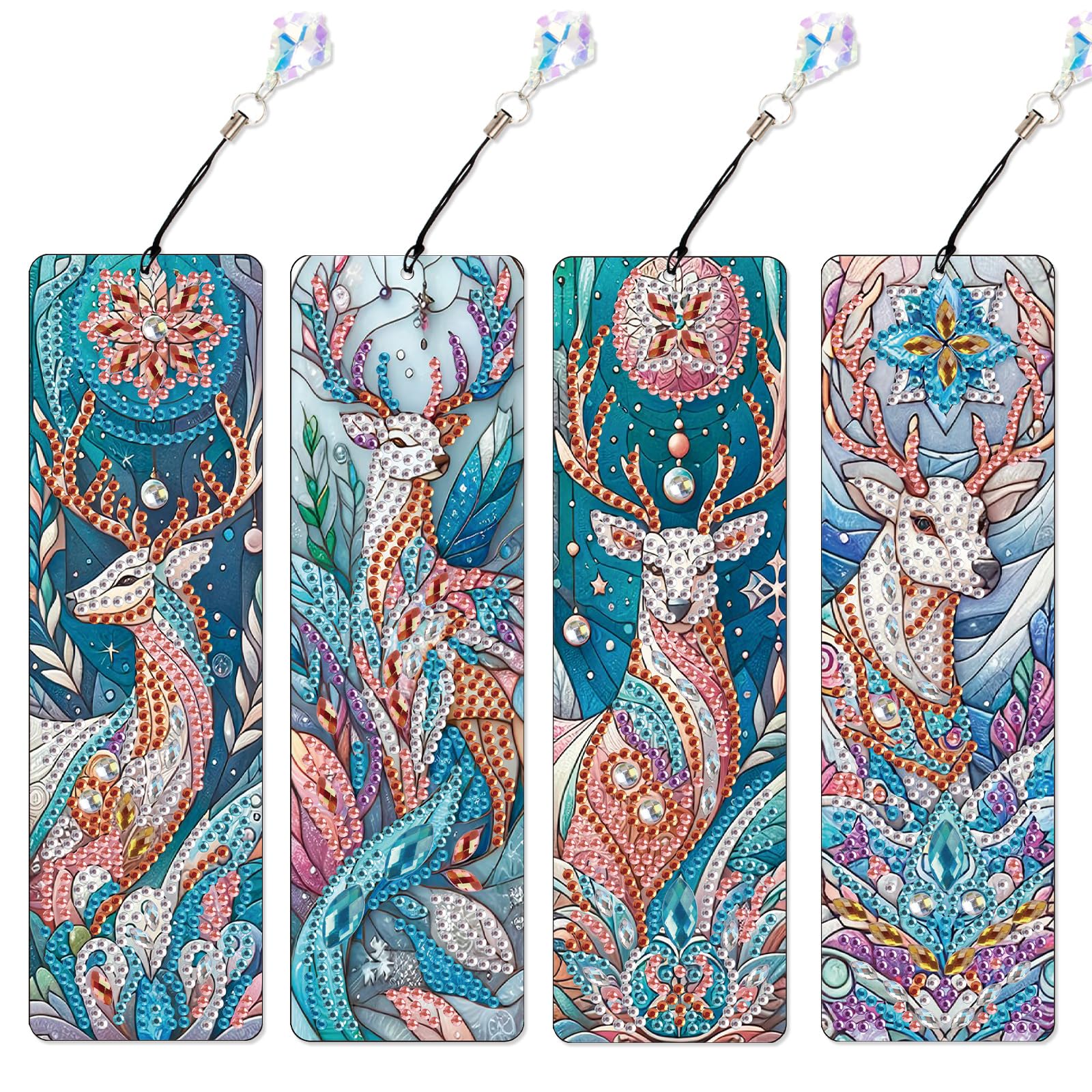4 Pack DIY Diamond Painting Bookmarks, Special Shaped Deer Design Handmade Crystal Rhinestone Bookmark Kits with Tassel, Sparkling Art Bookmark for Reading Enthusiasts