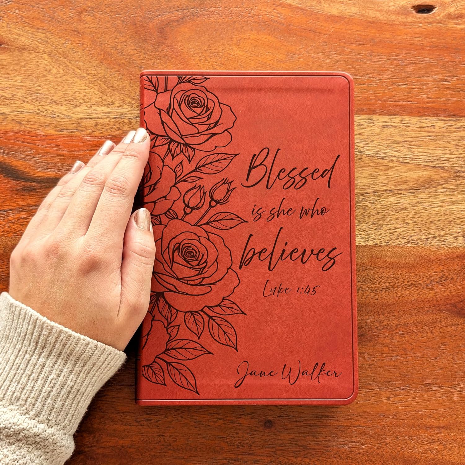 Personalized ESV Large Print Value Thinline Bible – Chestnut TruTone Faux Leather | Custom Name Engraved | English Standard Version with Concordance, 10 pt Font & Double-Column Layout (Rose Blessed is She)