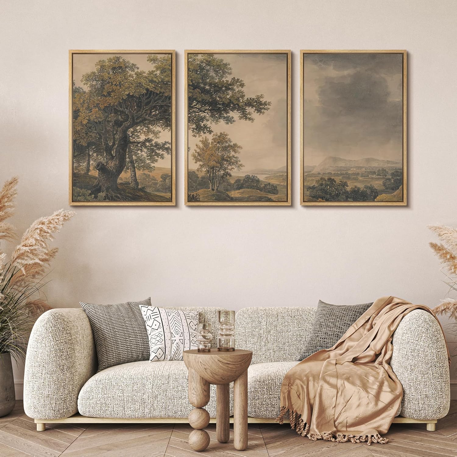 MUDECOR Framed Wall Art Print Set Vintage Landscape Rustic Tree and Mountain View Illustrations Decorative Colorful for Living Room, Bedroom, Office - 24"x36"x3 Natural