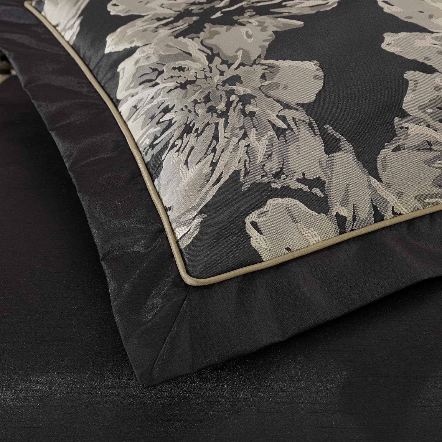 Chezmoi Collection Cameron Comforter Set King Size, 7-Piece Black Gold Hibiscus Floral Jacquard Bedding Set