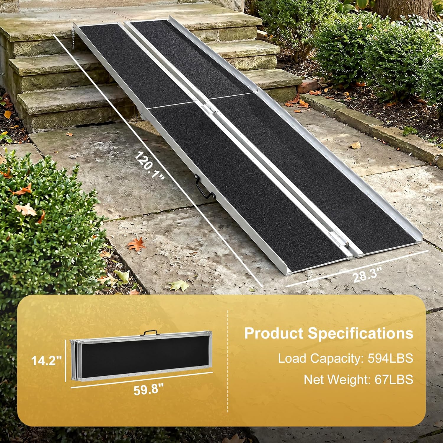 HOMCOM Wheelchair Ramp 10FT, Folding Aluminum Threshold Ramp with Non-Slip Surface, Transition Plate, 594lbs Weight Capacity for Home, Doorways, Curbs, Steps