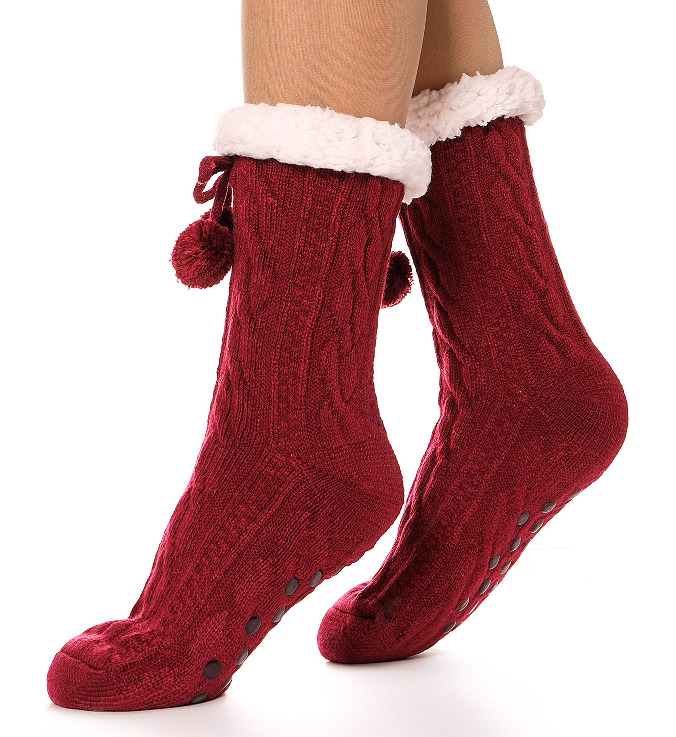 Fluffy Slipper Socks for Women Cosy Winter Warm Thick Thermal Cabin Fleece Knit Plush Home Comfy Sherpa Sleep Grips Non Slip Bed Socks Gift Stocking Fillers (Knit Red)