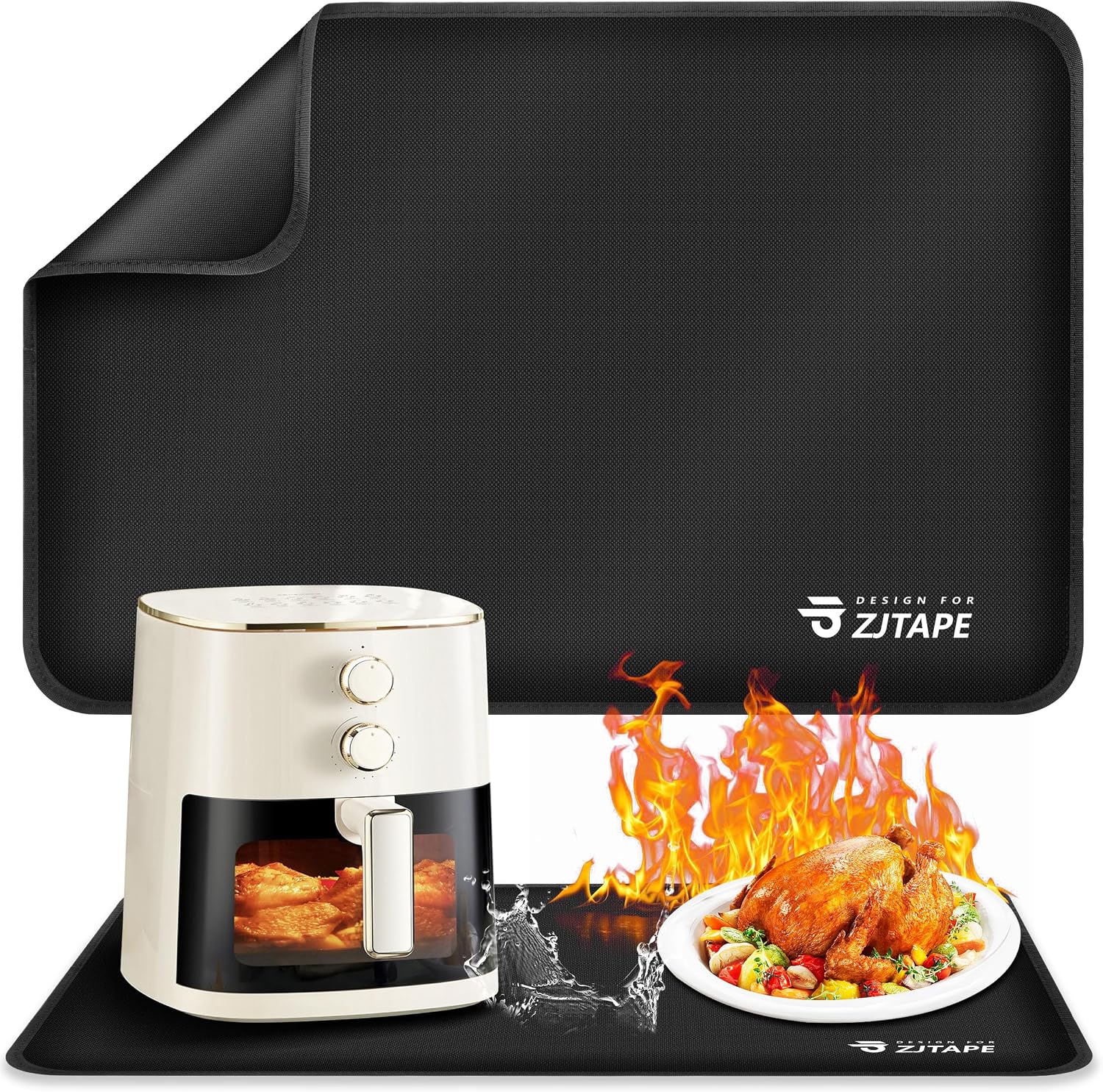 Heat Resistant Mat for Air Fryer Site - 23.6 x 15.7in, Fireproof Silicone Mats for Kitchen Counter, Countertop Protector, Non-slip & Waterproof for Deep Fryer, Oven, Coffee machine (Black)