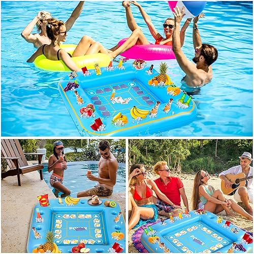 Miniatura 7 de Elcoho Mesa de juego inflable extra grande de 55 x 55 pulgadas con naipes impermeables, mesa de billar flotante, soporte para bebidas, bandeja