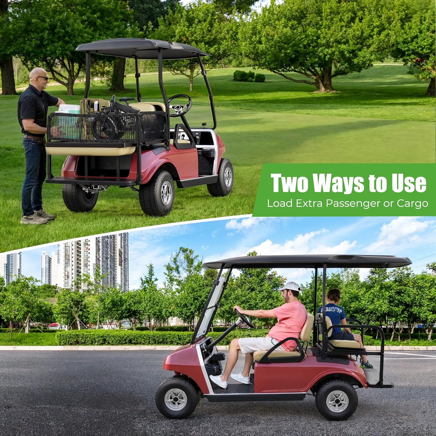 10L0L Golf Cart Rear Flip Seat for Club Car DS 2000.5+, Heavy-Duty Alloy Steel & PE Construction, No-Drill Installation, Non-Slip Pedals & Padded Backrest