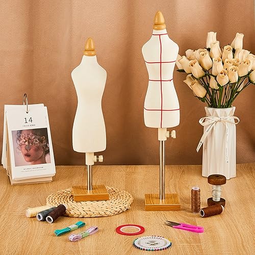 10 piezas de mini vestido femenino, tamaño 14, mini modista, simulado, mini maniquíes, cuerpo, costura en miniatura, para coser con parches rojos,