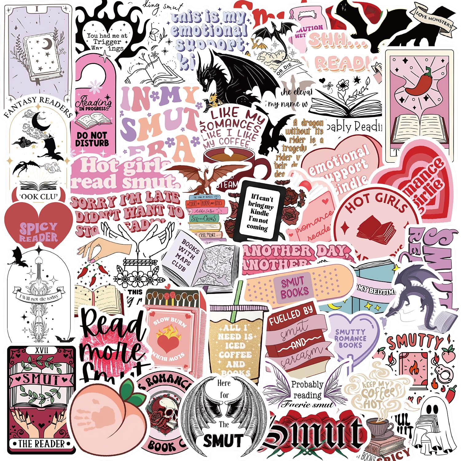 52pcs Book Stickers for Kindle，Smutty Funny Bookish Sticker Pack for Adults， Laptop IPAD Ebook Reader Water Bottle Vinyl Stickers Decals