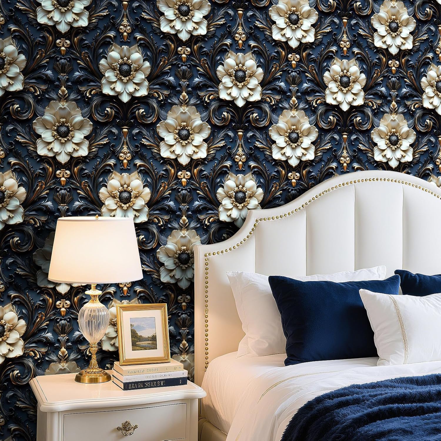 YENHOME Vintage Baroque Floral Wallpaper Luxury 3D Floral Peel and Stick Wallpaper for Bedroom Bathroom Ceiling 17.5"X 118" Removable Black Gold White Flower Contact Paper for Cabinets Shelves Walls