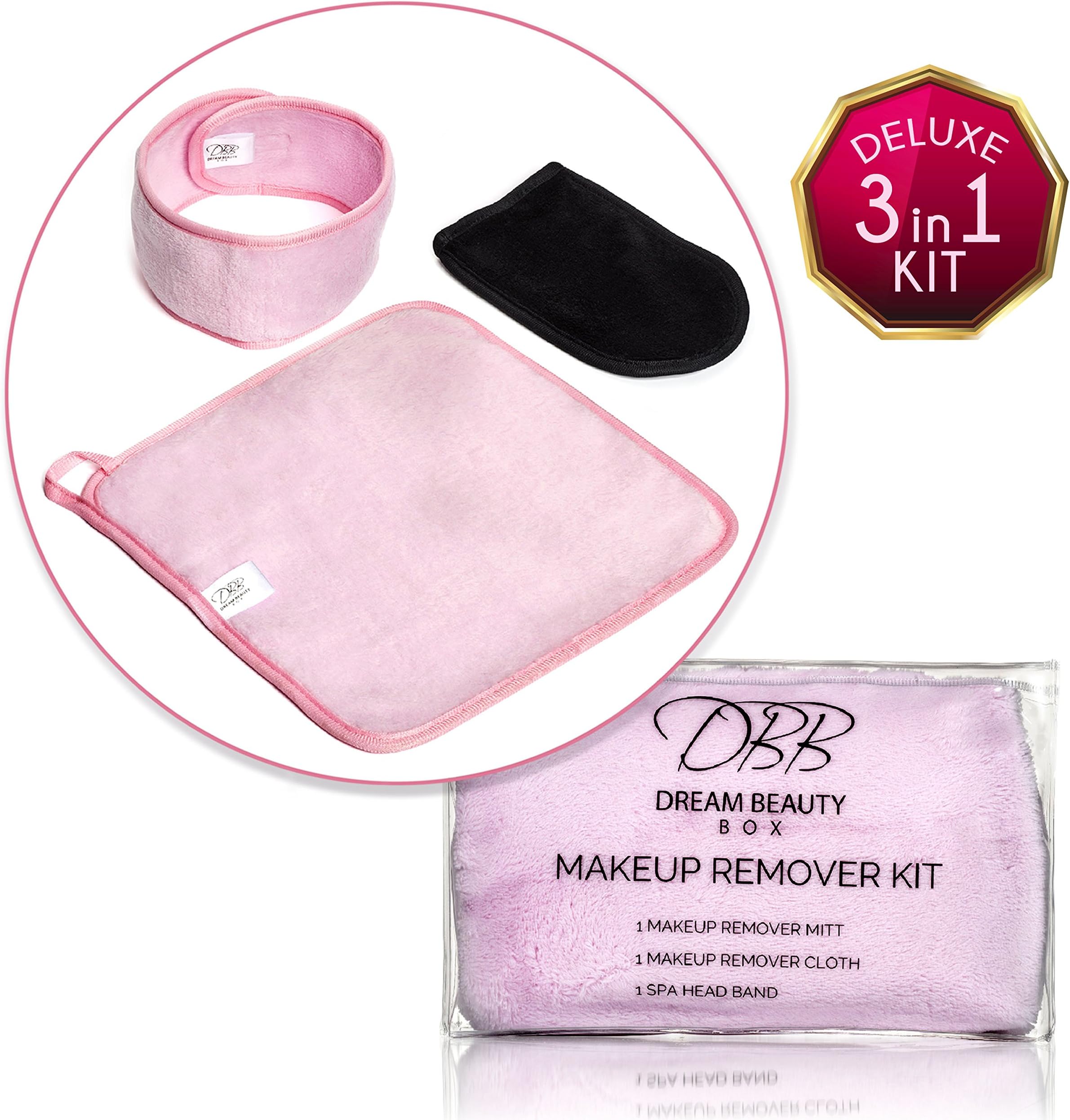 BEST MAKEUP REMOVER 3-in-1 Kit for Clean & Healthy Skin, Includes Spa Headband, Facial & Eye Cleansing Cloth Towels, Exfoliator Mitt, Simple & Natural Solution for Sensitive, Acne-Prone, Rosacea!