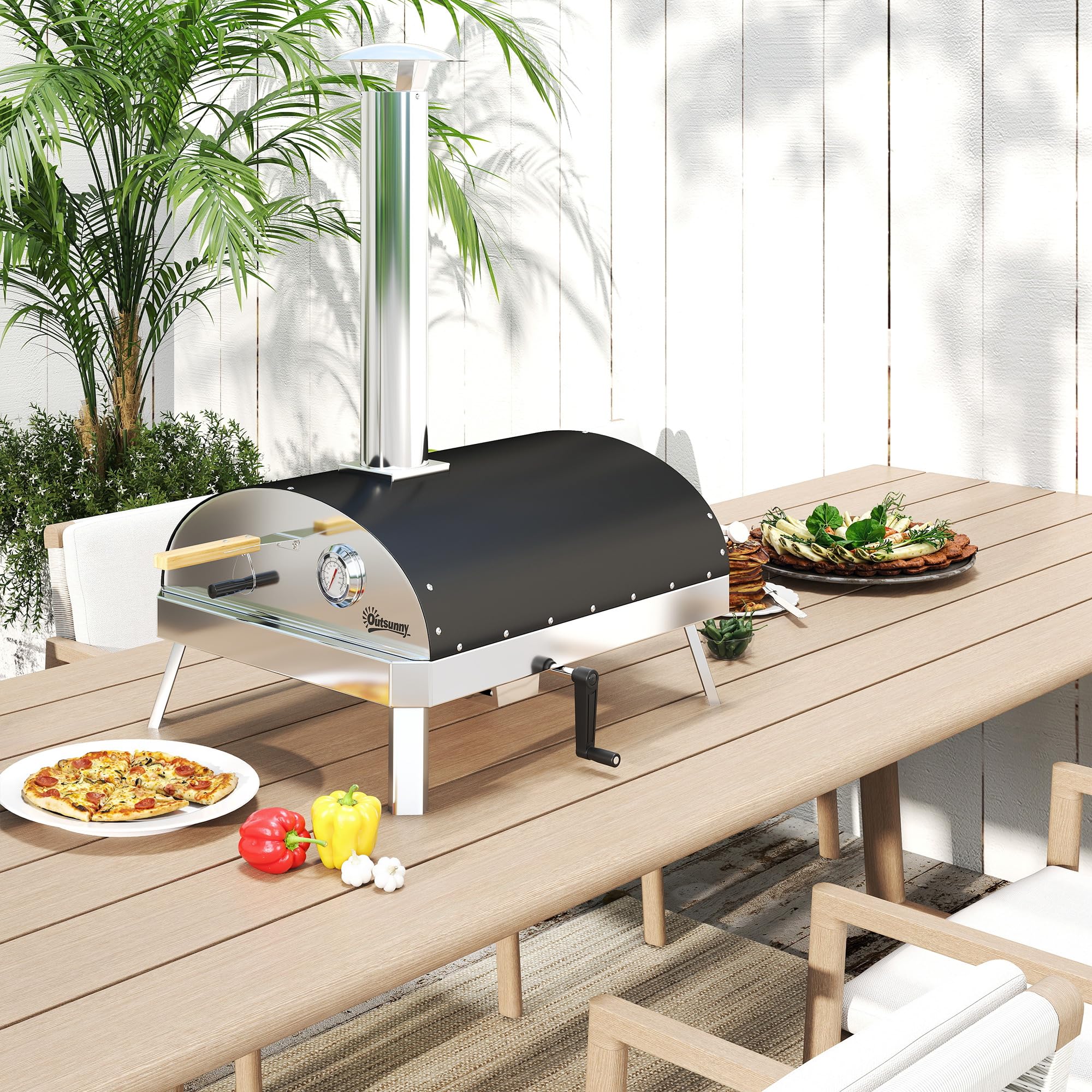Outsunny Mini four à pizza extérieur portable avec pierre réfractaire Ø33 cm, manches en bois, thermomètre, plateau rotatif