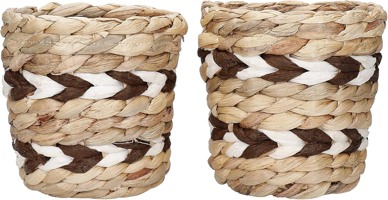 KitchenCraft Water Hyacinth Planters, Set of 2 Indoor Plant Pots, Natural Woven Planter with Striped Design, 11.5 x 11.5 x 11cm