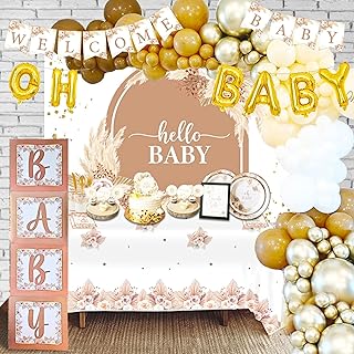 Mega 254 Pc Boho Baby Shower Decorations for Girl or Boy, Neutral Balloon Arch Garland Kit, Baby Boxes, Backdrop, Banner, Cake Toppers, Tablecloth, Tableware for 20 Guests