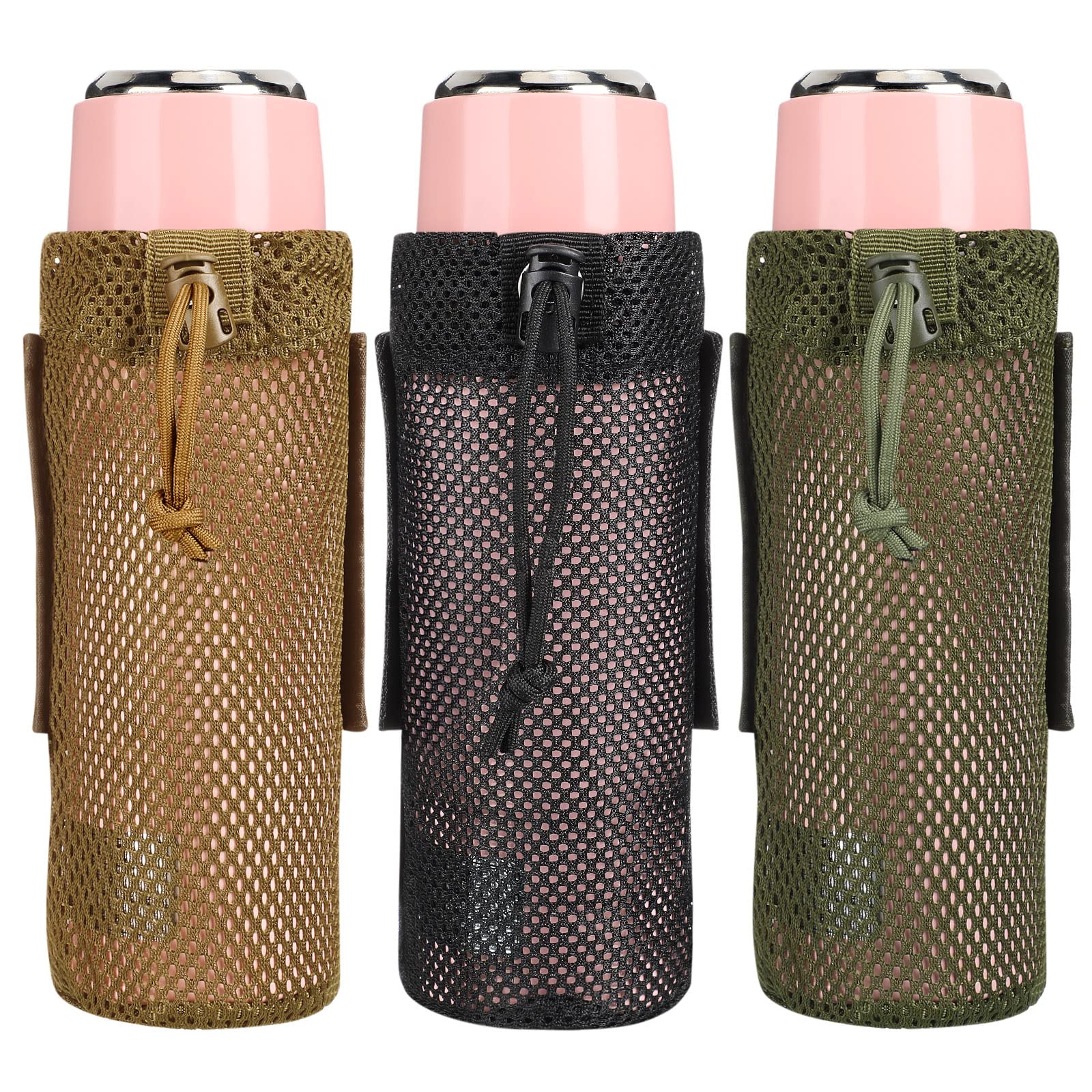CHENGU 3 Pieces Water Sleeve Bag Tactical Military Water Bottle Pouch Foldable Lightweight Molle Bottle Pouch Drink Cup Carrier Holster for Backpack Sports, Drawstring Open Top Mesh Bottom Travel Bag
