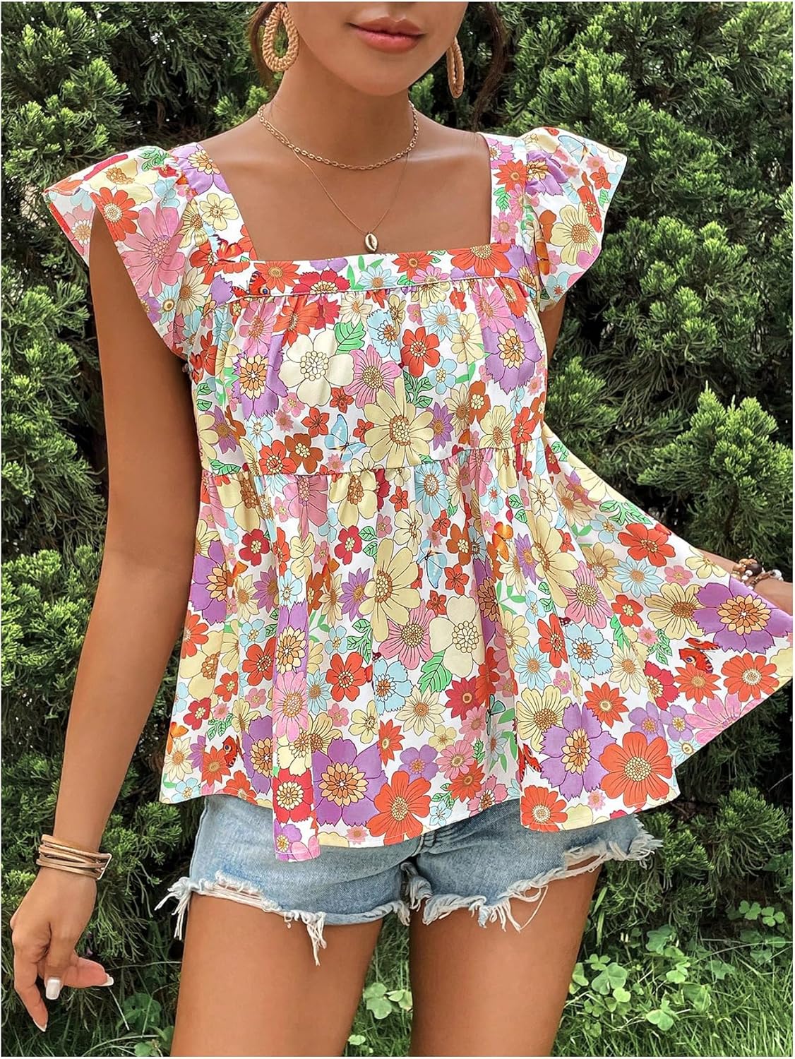 Floerns Women's Floral Square Neck Cap Sleeve Blouse Tie Back Flared Hem Peplum Top - Image 2