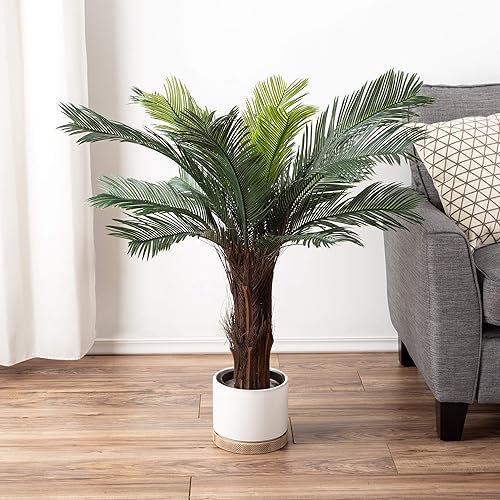 Palmera artificial Cycas - Planta sintética en maceta de 3 pies para decoración del hogar u oficina, vegetación ornamental para uso en interiores o