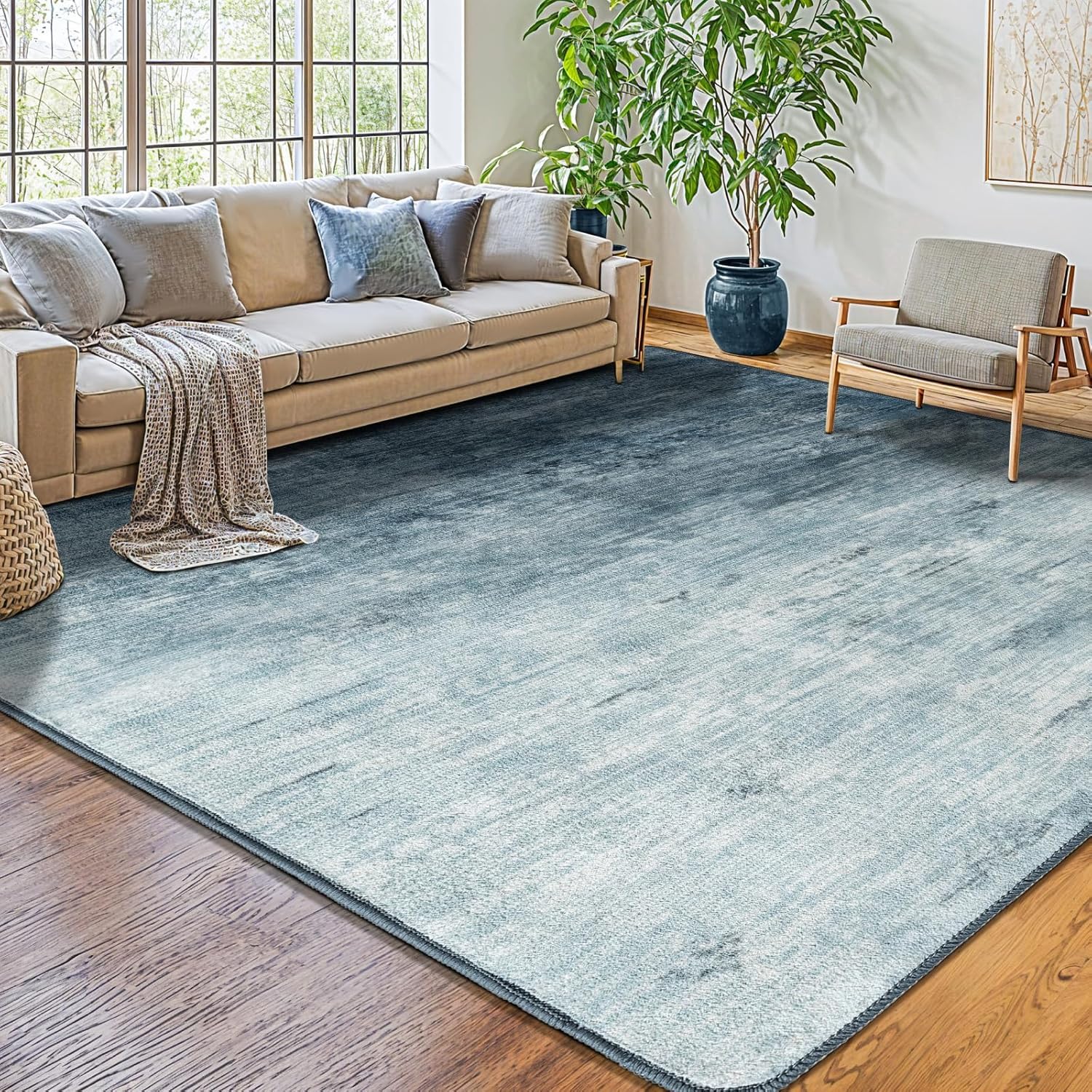Grand tapis salon lavable bleu marron beige jaune 200x290