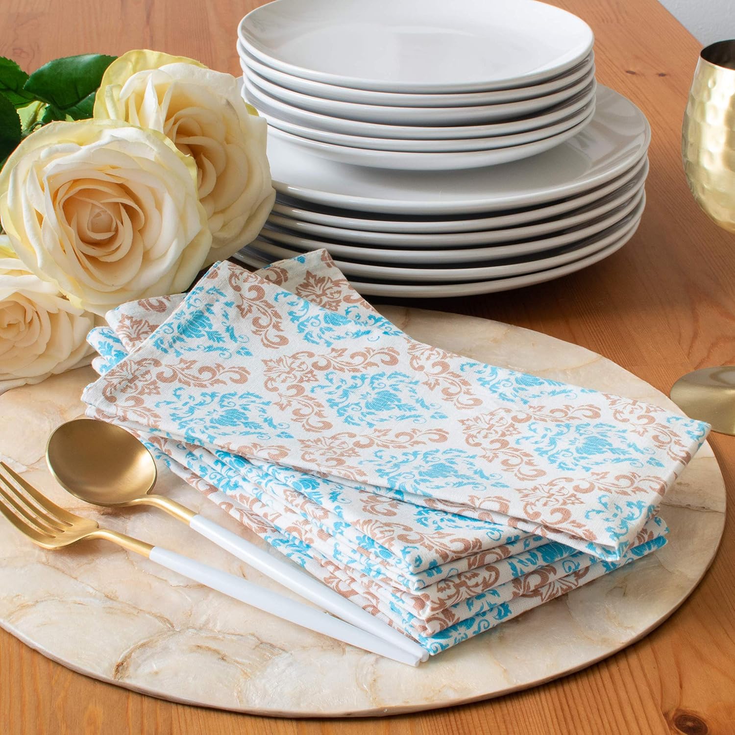 The White Petals Turquoise Table Cloth Napkins -(20X20 inch) Properly Finished | No Fray Edges | for Home, Kitchen, Dining Room (Damask Print, 100% Cotton, Pack of 6)