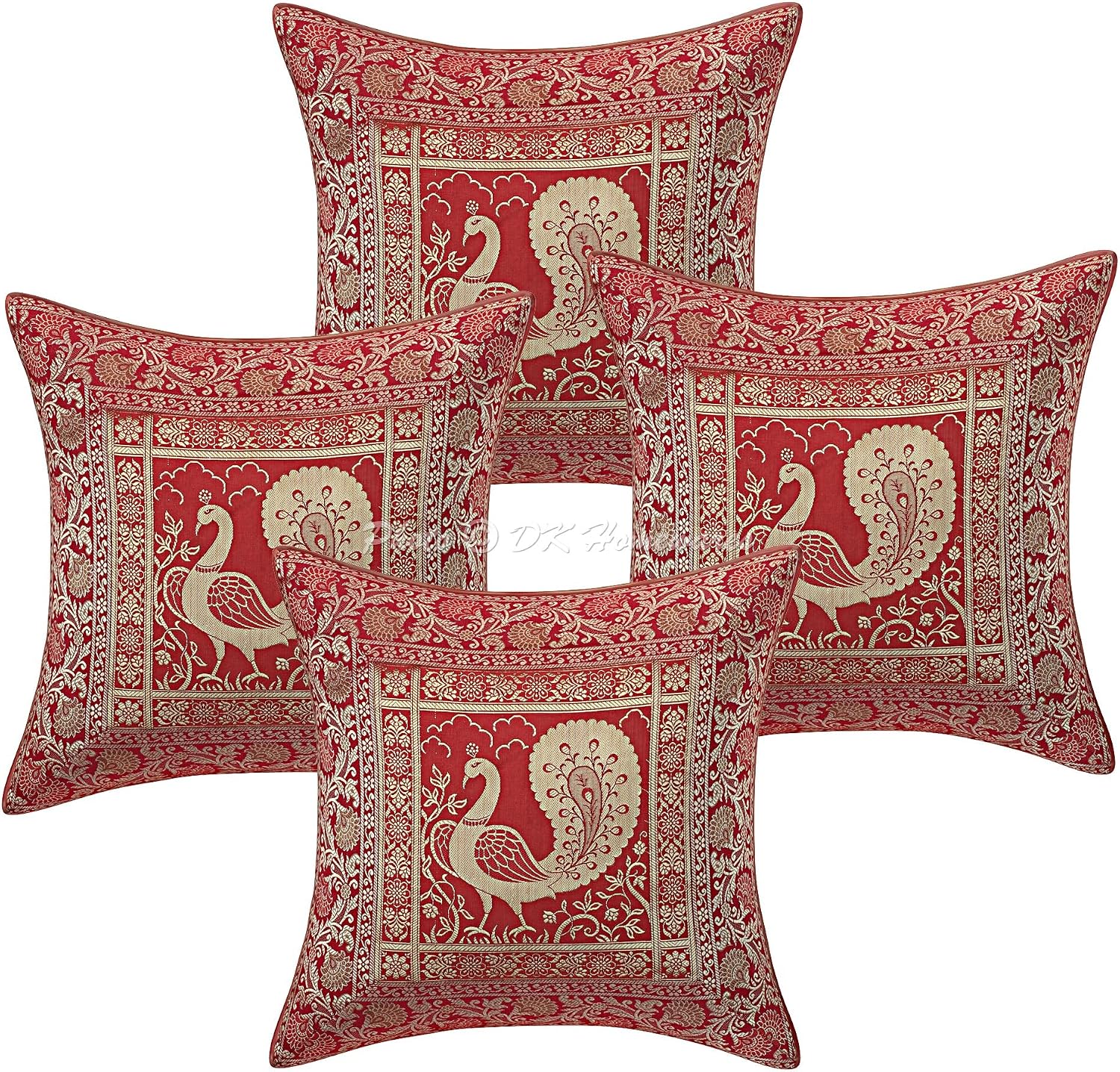 Ethnic Peacock Throw Pillow Covers 16x16 Inch Brocade Jacquard Weave Decorative Square Cushion Covers (Size - 40x40 cm ; Color: Burgundy Maroon & Gold) - Set of 4 Pcs (Cover Only)