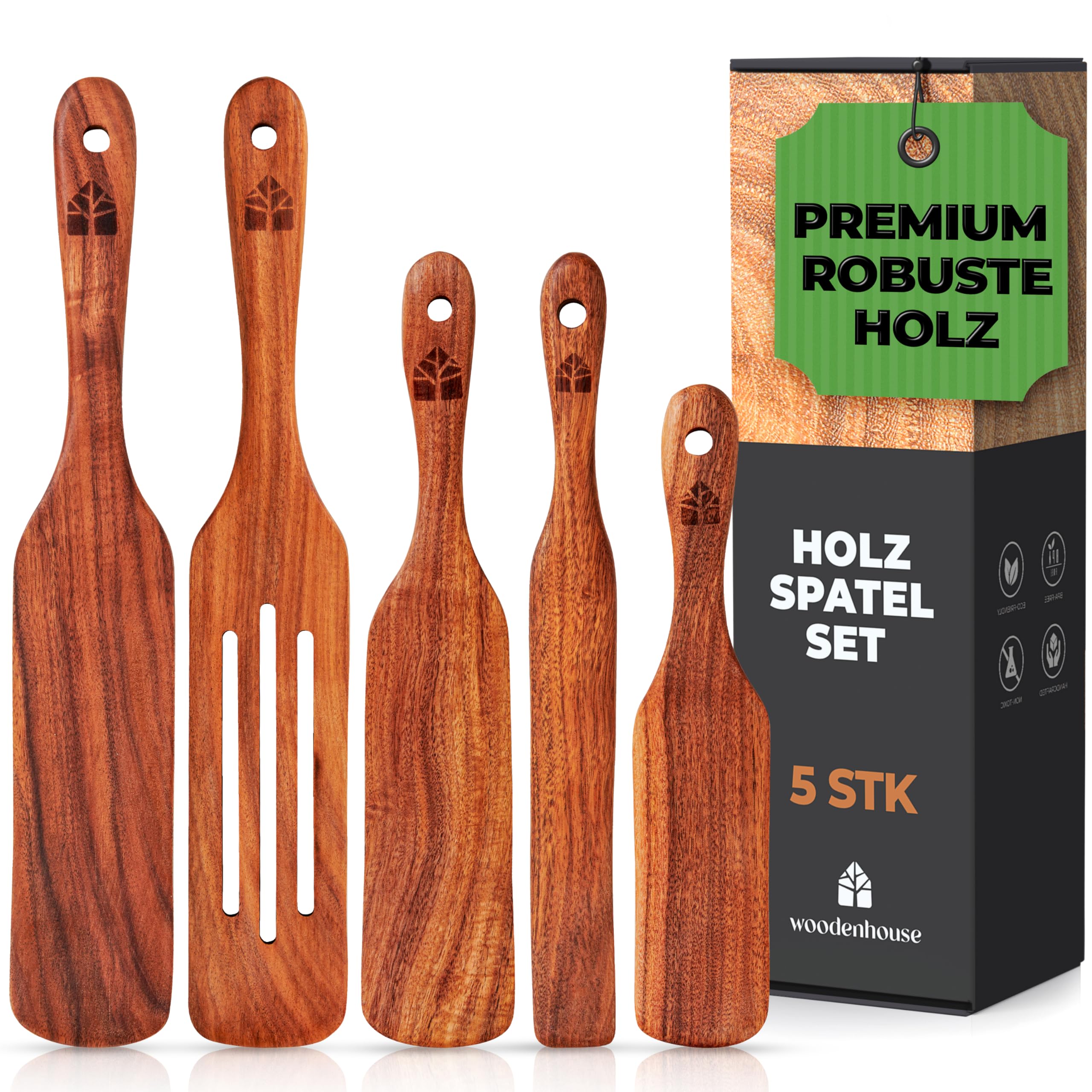 Holzspurtle Set, Teak Spurtles Küchenwerkzeuge, Holzspatel zum Kochen, Holzutensilien Set von 5, Antihaft-Kochgeschirr zum Servieren, Rühren, Mischen, Schaben, Schaufeln, gesund und hitzebeständig | Antihaft-Küchenwerkzeug zum Servieren, Rühren, Mischen,